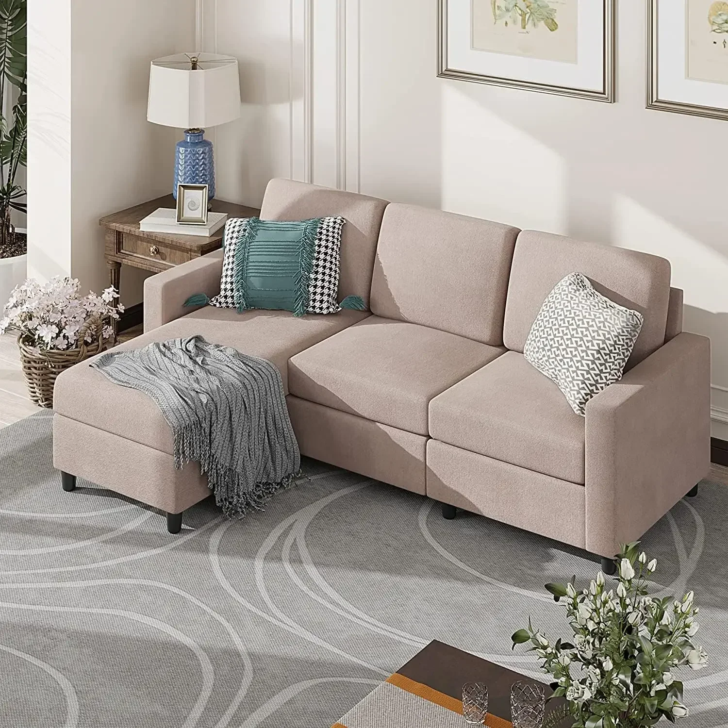 

L-Shaped Convertible Couches for Living Room Furniture Sets 3 Piece Small Sofa, Modular Sectional Couch with Cloud Chaise