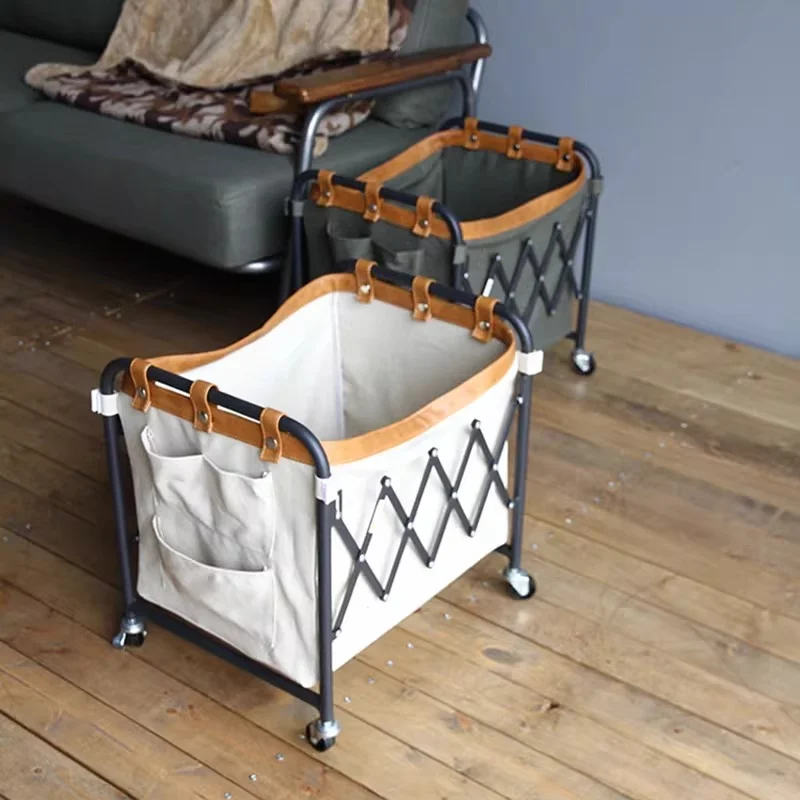 Foldable Rolling Utility Cart with Canvas Baskets, Heavy Duty Collapsible Trolley with Wheels for Kitchen Office Grocery