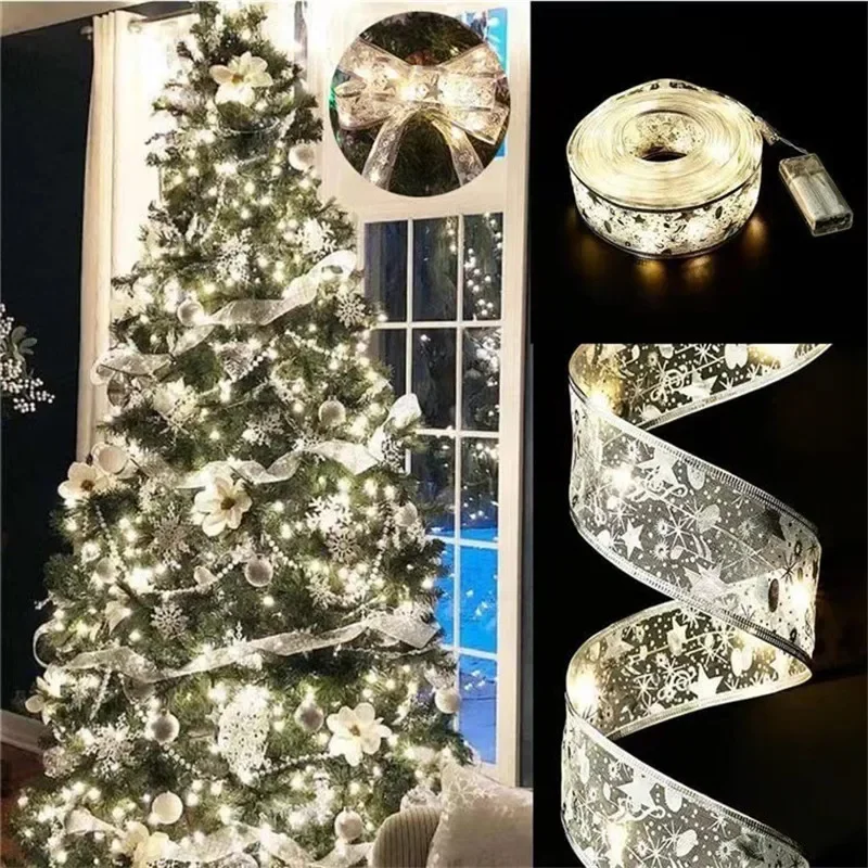 2-10M Christmas Bow Decoration Golden Christmas Ribbon Fairy String Lights for Home Party Christmas Tree and Gift Decor