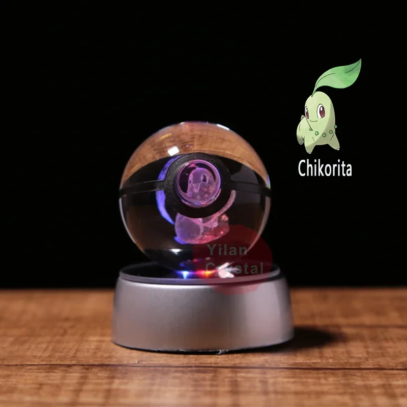 Pokemon Anime Figure Models Pokeball Clear 3D Engraving Chikorita Crystal Ball with LED Light