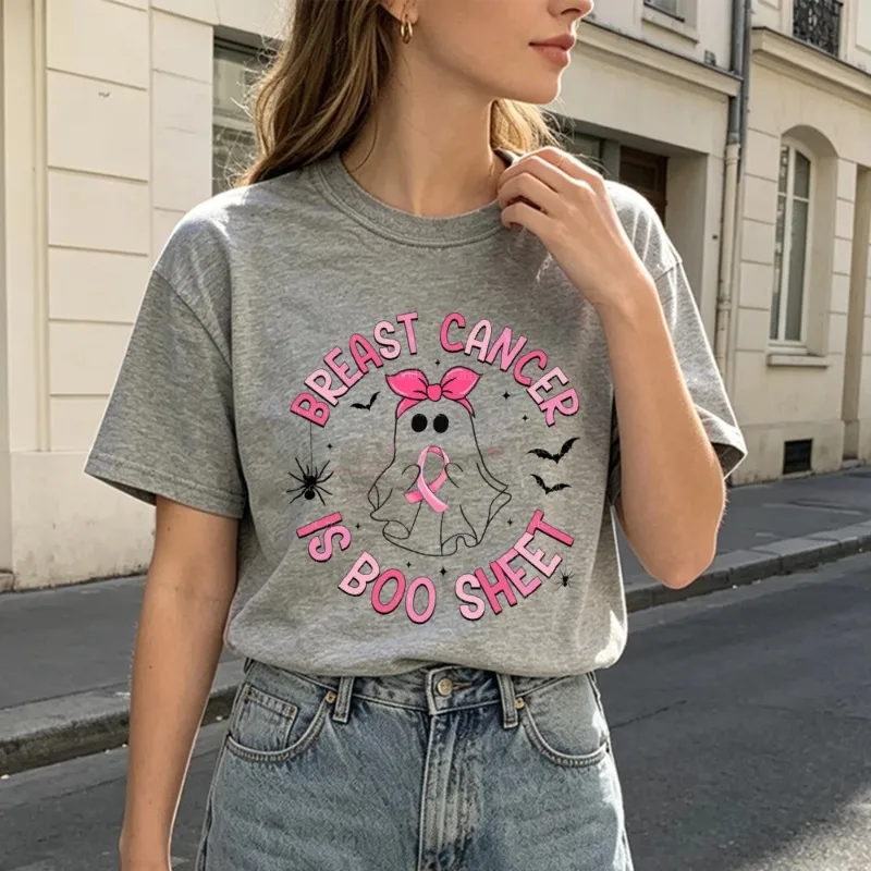 Breast Cancer Is Book Sheet Ghost Pink Ribbon Pattern Women's Short Sleeve T-shirt Halloween Publicity Casual T-shirt Y2k Top