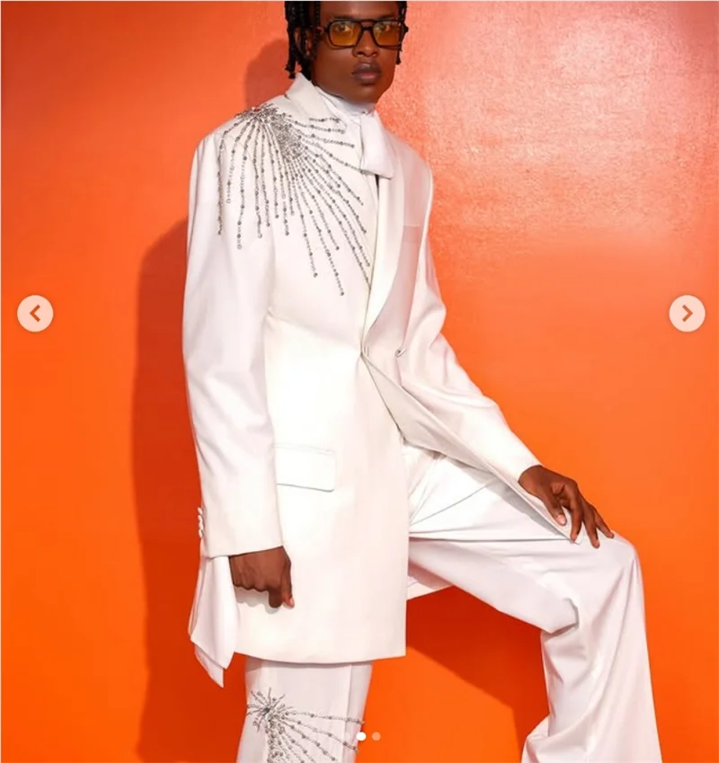 

White Long Men Suits Pants Set 2 Pcs Crystals Blazer+Trousers Cotton Wedding Tuxedos Prom Jacket Formal Office Business Coat