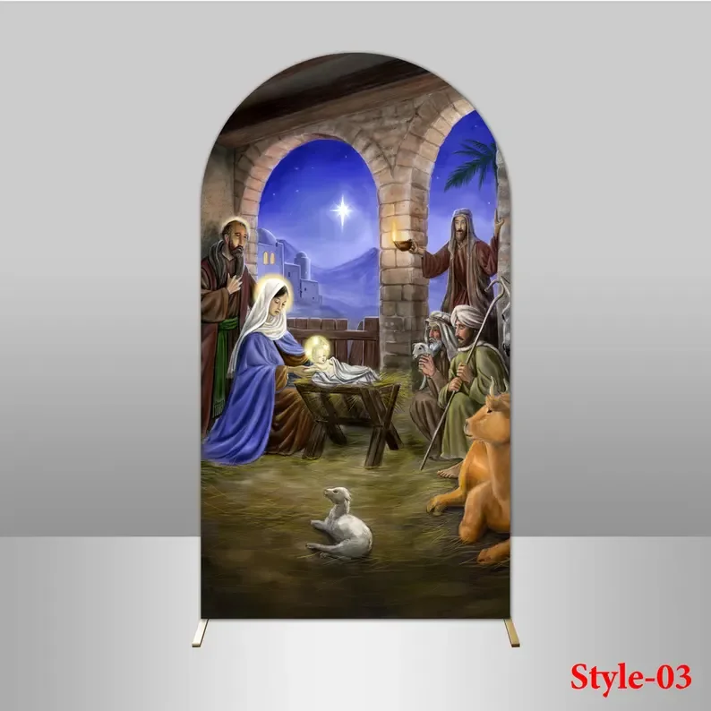 Mehofond Christmas Nightการประสูติ2ด้านArchฝาครอบฉากหลังวันเกิดของพระเยซูXmasฟาร์มBarnเด็กตกแต่งPhoto Studio