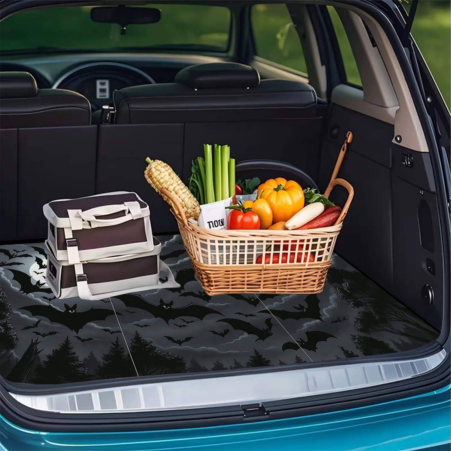 1pc Dark Fantasy Style Bat Print Car Trunk Mat, Featuring A Mysterious Forest Background Pattern, An Essential Travel Item, Fit