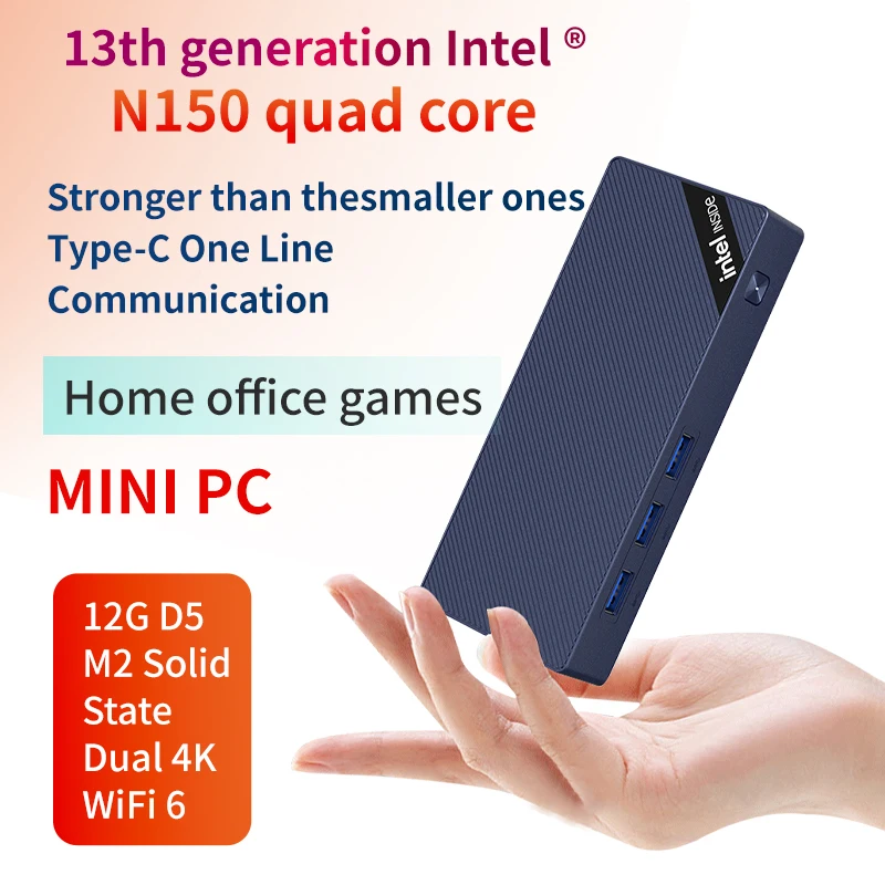 Stick PC Intel 13th gen N150 Quad Core Type-C HD Solid Mini PC 12G LPDDR5 1TB SSD Windows 11 Office/Home Computer Wifi6 BT5.2
