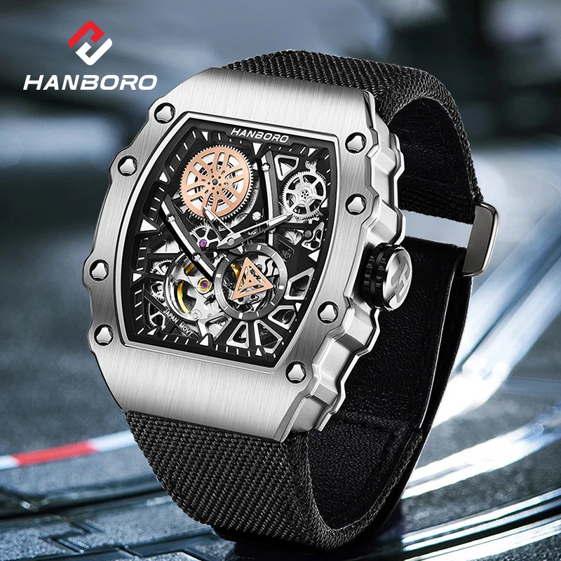 

HANBORO Men's Hollow out Fully Automatic Mechanical Watch Flywheel Fashion Night Light Waterproof Watch 951-3