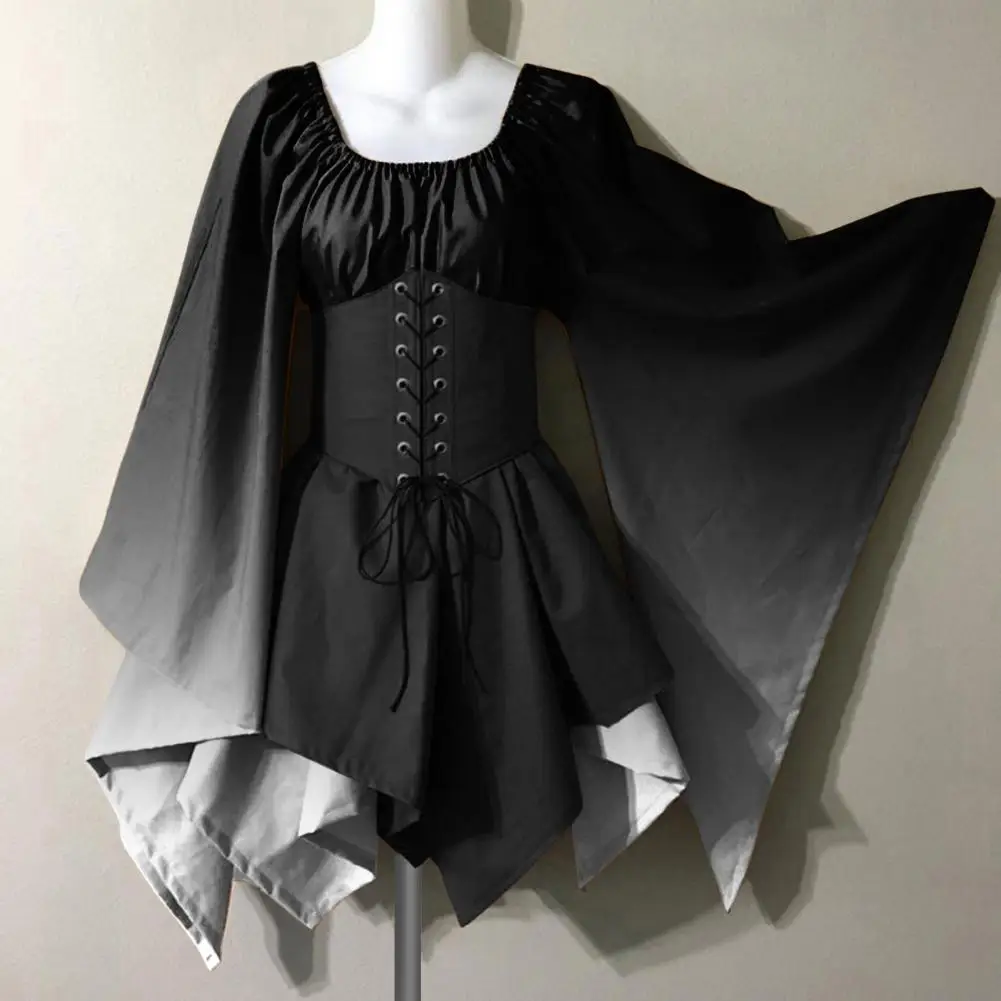 Women Halloween Cosplay Dress Irregular Hem Lace-up Strap Gothic Medieval Vintage Bat Sleeves Performance Stage Show Dress