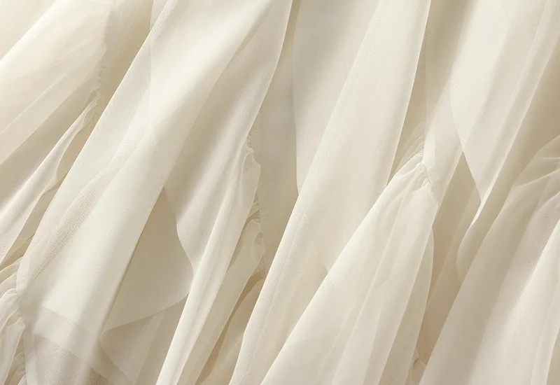 Women's Lotus Leaf Edge A Line Fairy Elastic Waist Tulle Skirt Midi High Waist Mesh Dress Solid Color Irregular Yarn Skirt D8808