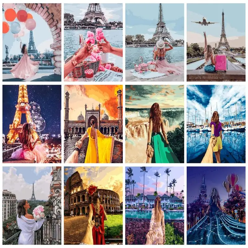 

CHENISTORY DIY Paint By Number Tower Girls Picture On Canvas Handpainted Coloring By Number For Adults Unique Gift Easy