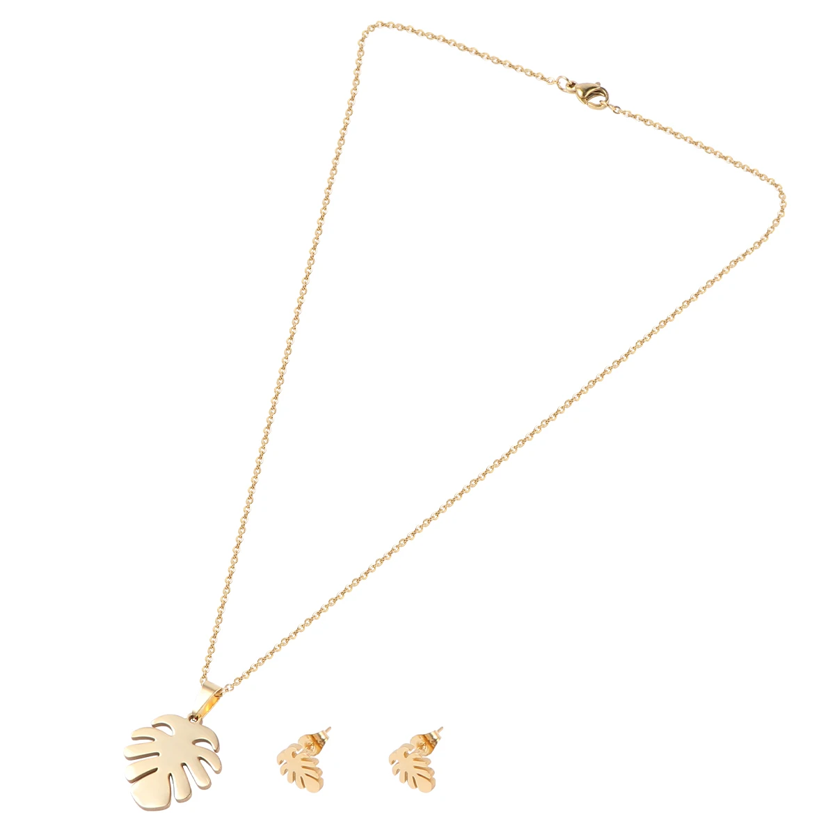 

2 Set Necklace Palm Leaf Earring Women Pendant European Fashion Jewelry Golden Miss