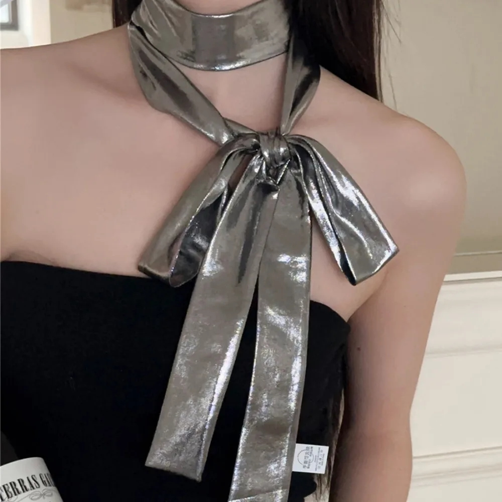 Y2K وشاح الشعر الفضي السائل لينة التفاف الهيب هوب الليزر اللون رباط شعر وشاح نحيل عقال الشرير باندانا الشارع الشهير