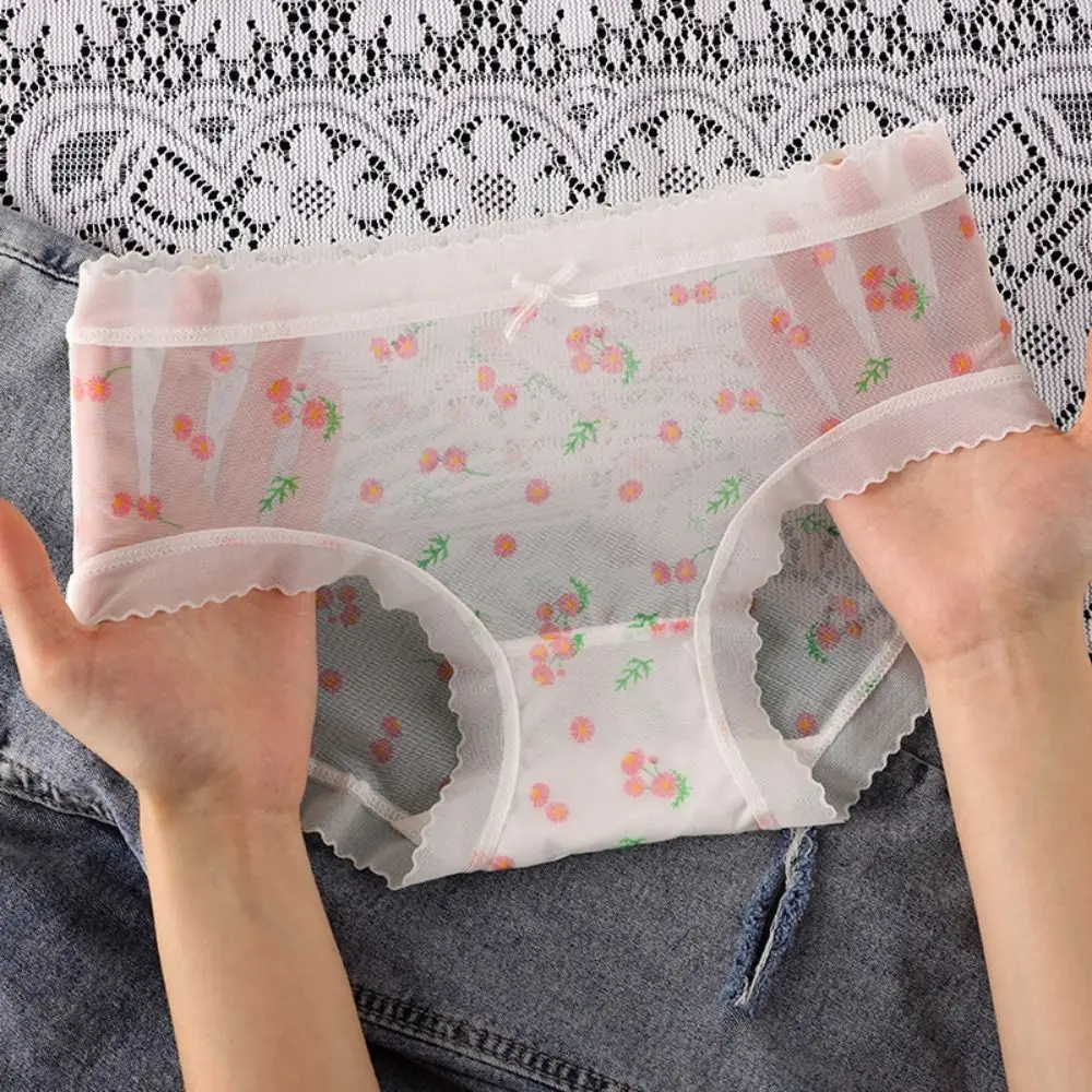 5 個のファッション超薄型メッシュフラワーパンティーシームレスミッドウエスト透明花ブリーフパンツ下着女性女の子