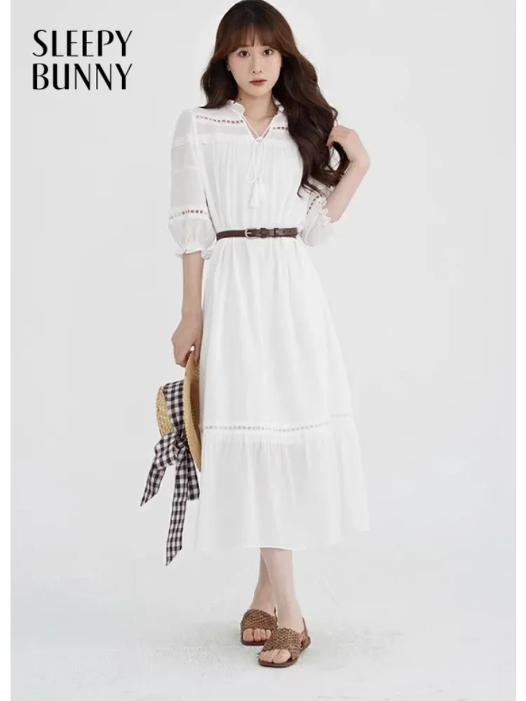 

Women White French Vintage Midi Dress Lady Elegant Puff Sleeve A Line Dress for Petite Figure Casual Spring Daily Tea Party Wear