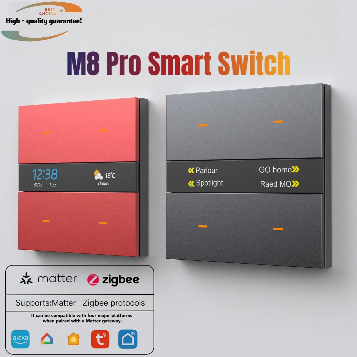 M8 Pro 4-Gang Smart Switch | Tuya Zigbee 3.0 | APP Control | Time & Weather Display | Smart Home Control Panel