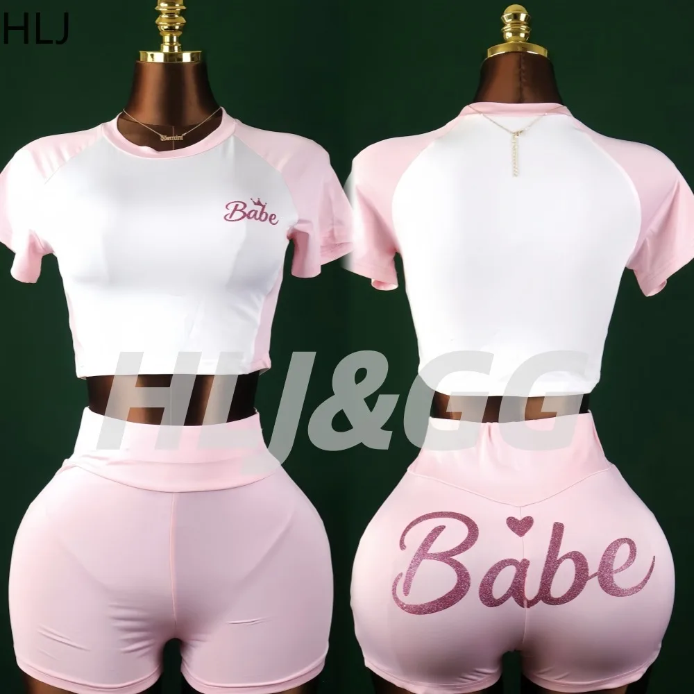 

HLJ Summer New Fashion Letter Print Patchwork Two Piece Shorts Set Short Sleeves Crop Top and Shorts Matching Female Streetwear
