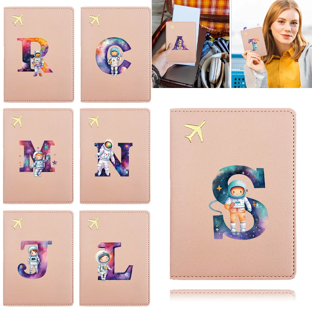 Pu Passport Case Airplane Travel Passport Cover Business Passport Clip Card Bank Card Organizer Cover Astronaut Letter Pattern