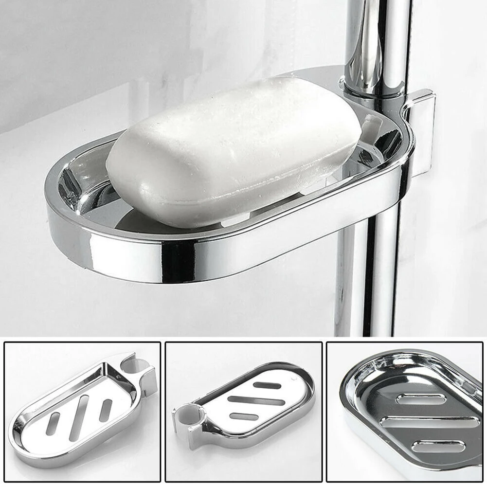 Wall Mounted Liftable Shower Soap Tray With Hollow Drain Design ABS Silver Chrome For Bathroom Rod Installation 17x8.5cm