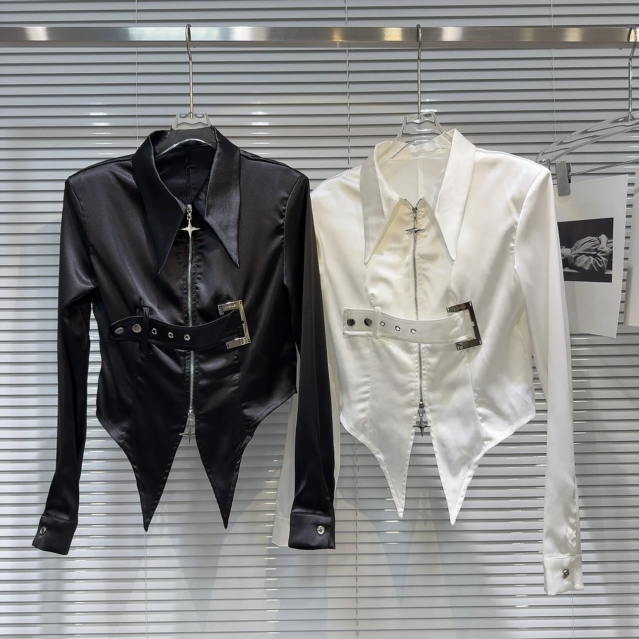 Acetate Satin Belt Decorated Metal Buckle Women's Shirt Casual Style Slim Fit Long Sleeve Zipper Closure Color Fashion