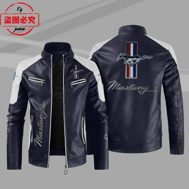 European Size Mustang Racing Logo Printed Racing Suit, Retro Washed PU Leather Jacket, Four Season Windproof Team Jacket