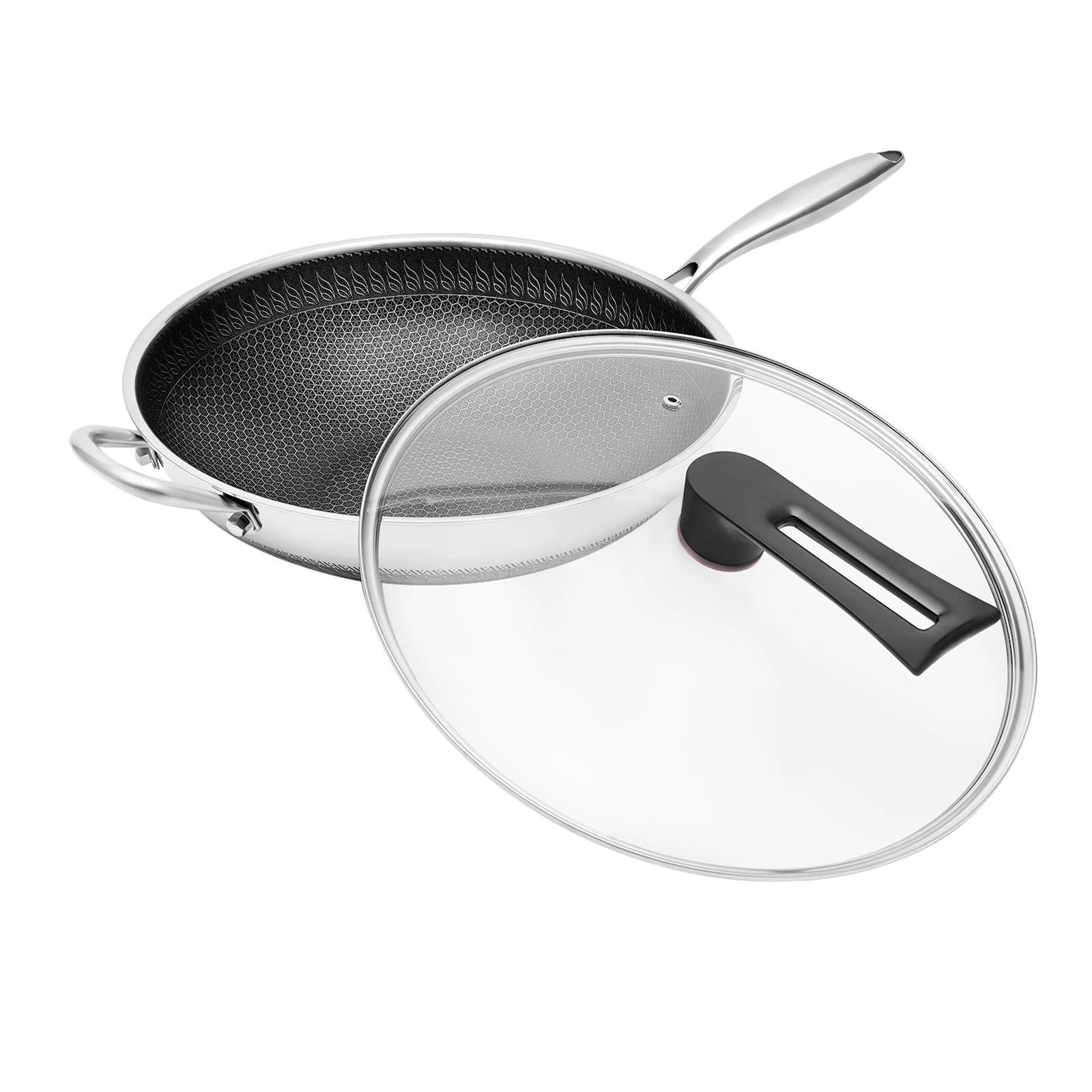Sartén de Acero Inoxidable, Wok de 34 cm con Tapa, Sartén Antiadherente para Cocina de Inducción y Estufa de Gas