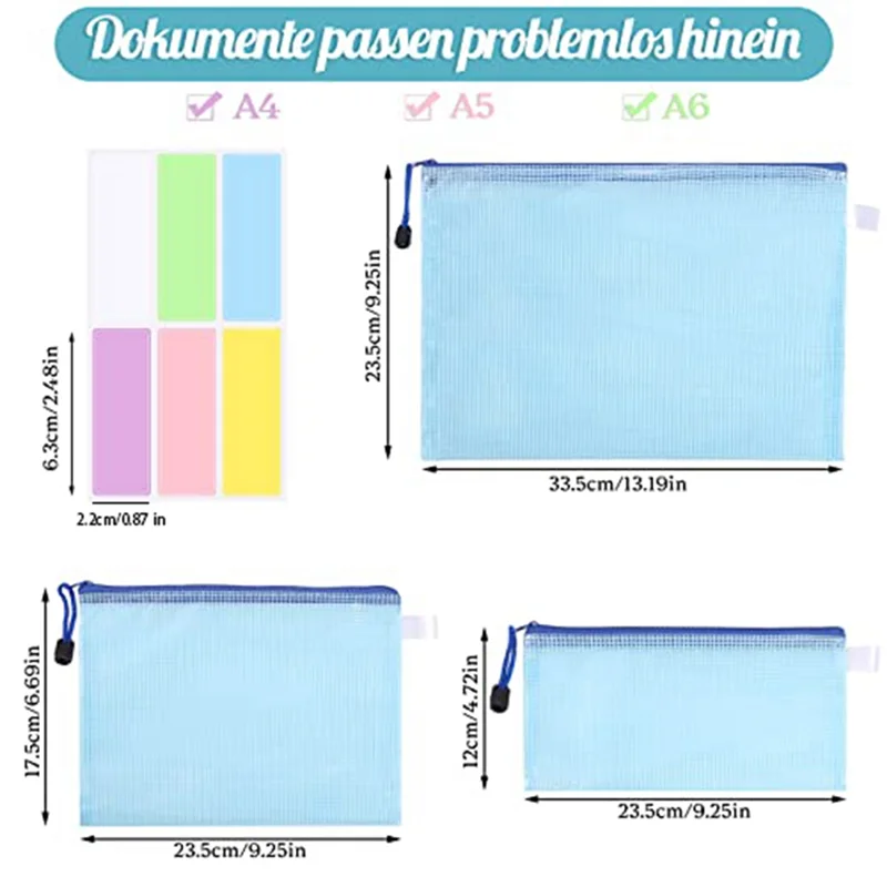 20 pacotes de bolsos para documentos a4 + a5 + a6, pasta de arquivo, bolso de plástico com zíper, bolsa de malha com zíper (4 cores)