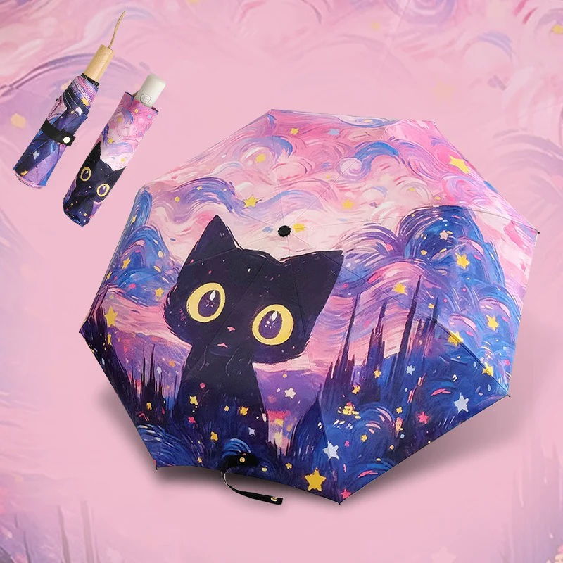 Blue Green Purple Powder Cat Cartoon Fold Umbrella Fully Automatic Umbrella Women's Dual-Purpose Sun Umbrella Portable Umbrella view 4