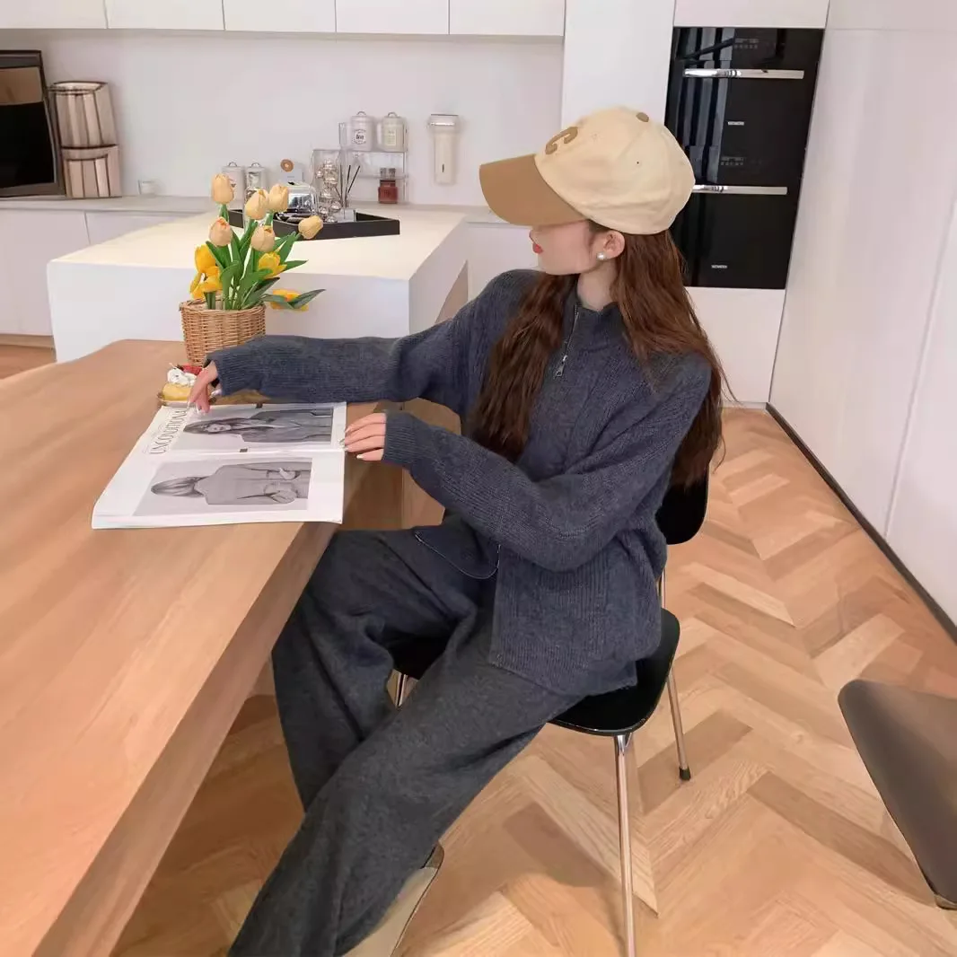 

Вязаный костюм, женский зимний новый свободный кардиган с полувысоким воротником, свитер, женские широкие брюки с высокой талией, комплект из двух предметов E12305