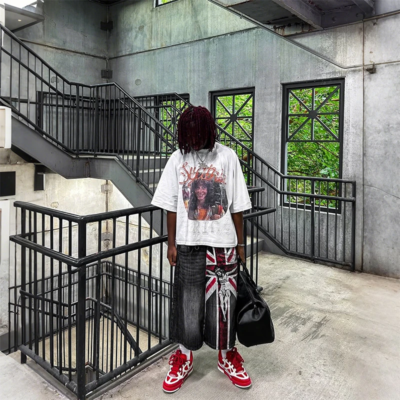 Y2K Jeans lavati vintage Moda bandiera britannica modello stampa pantaloncini di jeans larghi casual gotico uomo donna punk rock streetwear