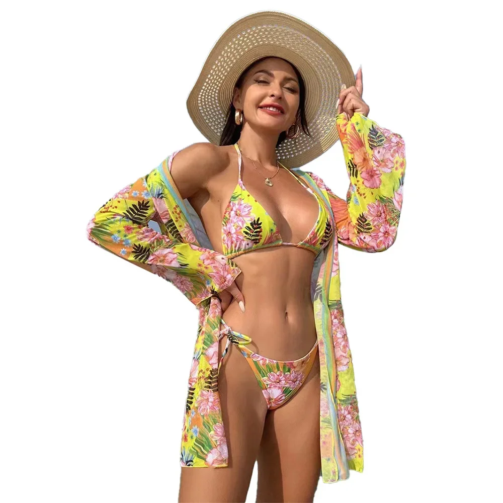 Conjunto de bikini de 3 piezas para mujer, traje de baño sexy de cintura alta para vacaciones de verano con estampado floral, vestido tipo pareo, ropa bohemia vintage para playa