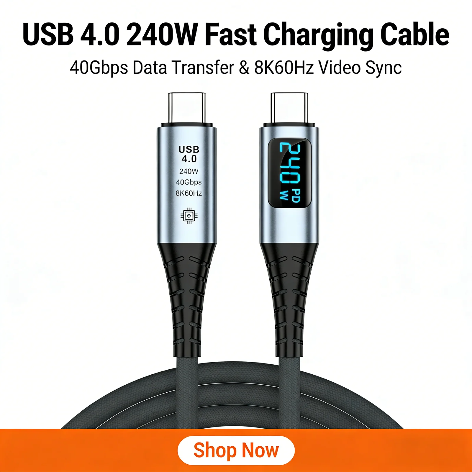 USB4 Type-C Cable with Digital Display 240W Fast Charging 40Gbps Data Transfer 8K@60Hz Compatible with Thunderbolt 4
