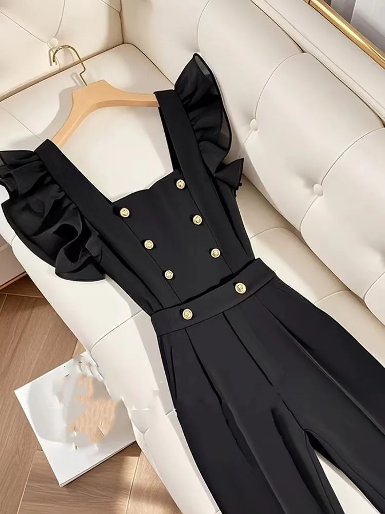 

French Temperament Office Lady Jumpsuits for Women Jumpsuit Ruffles Sleeveless Party High Waist Wide Leg Pants Rompers Jumpsuits
