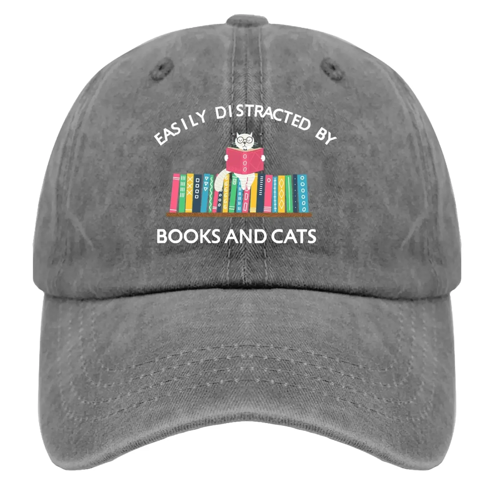 Easily Distracted by Books and Cats Baseball Cap Vintage Cotton Washed Baseball Caps Adjustable Low