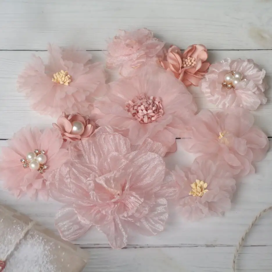 Conjunto de tecido chiffon, conjunto de 10 peças, série rosa, flores, para o vestido de noiva, chapéu, sapatos, decoração