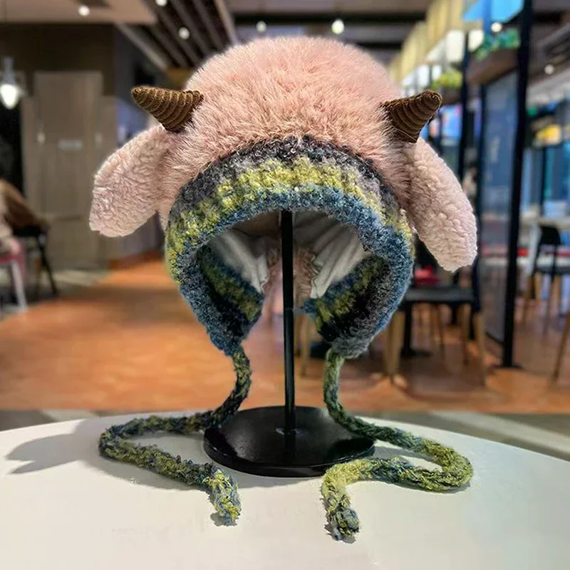 Thick Plush Knitted Hat Warm Ear Protection Beanies Pullover Hats Cute Winter Cap 2025