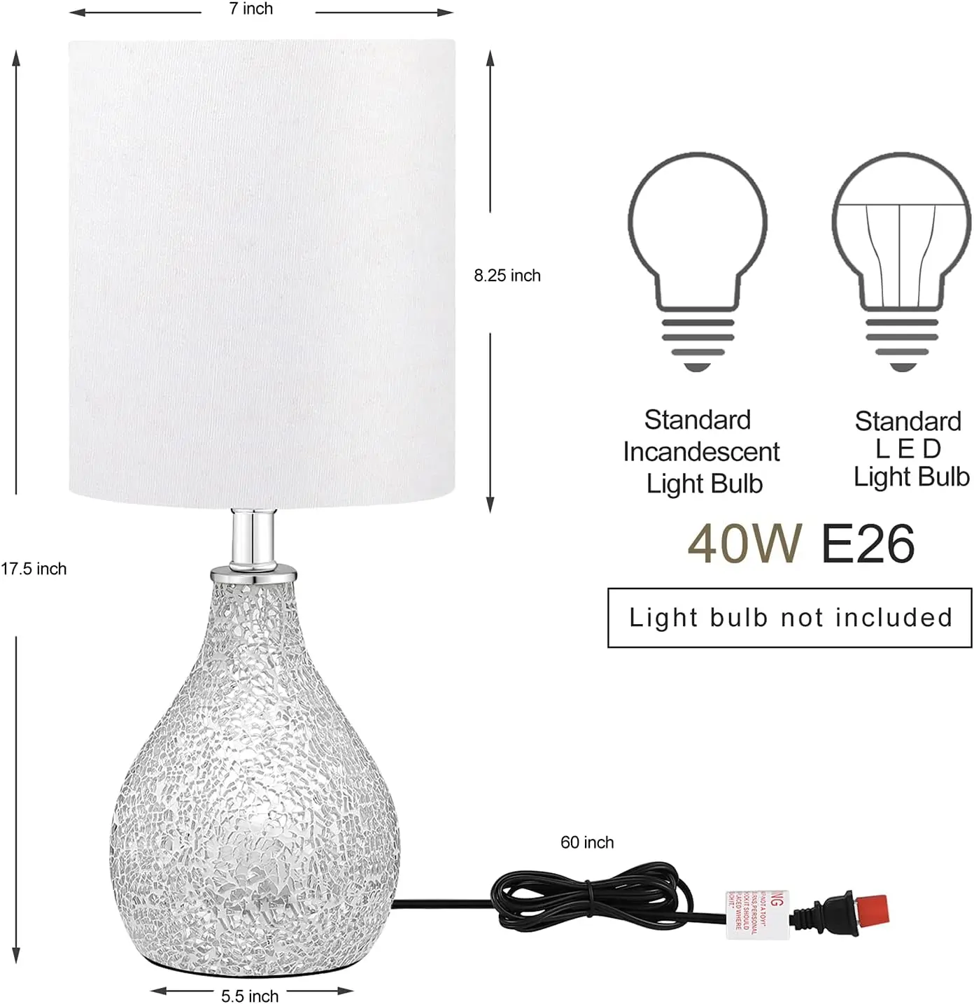 Juego de 2 lámparas de mesa de cristal mosaico con diseño de calabaza plateada y espejo moderno, 17,5' para dormitorio, sala de estar, escritorio de oficina