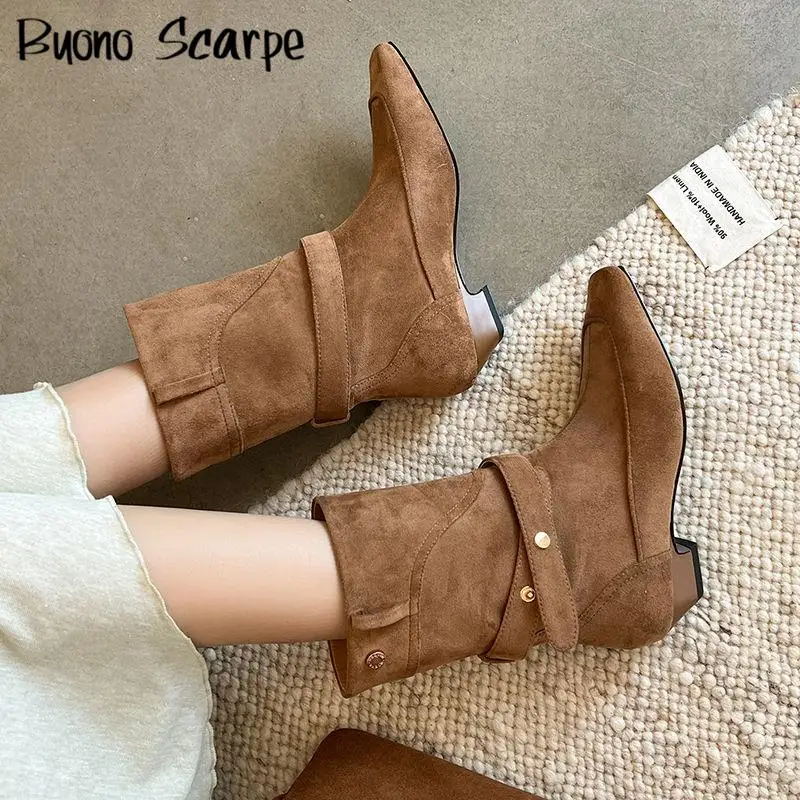 

Женские ботинки из натуральной кожи с пряжкой на ремне и квадратным носком на высоком каблуке, однотонные женские ботинки без шнуровки до середины икры, модная элегантная обувь в стиле вестерн в стиле ретро