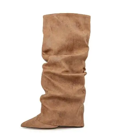 Retro Girls Brown Blue Pink Suede Leather Pointed Toe Square Heels Fold Slip On Pleated Knee High Boots Women Leisure Long Botas