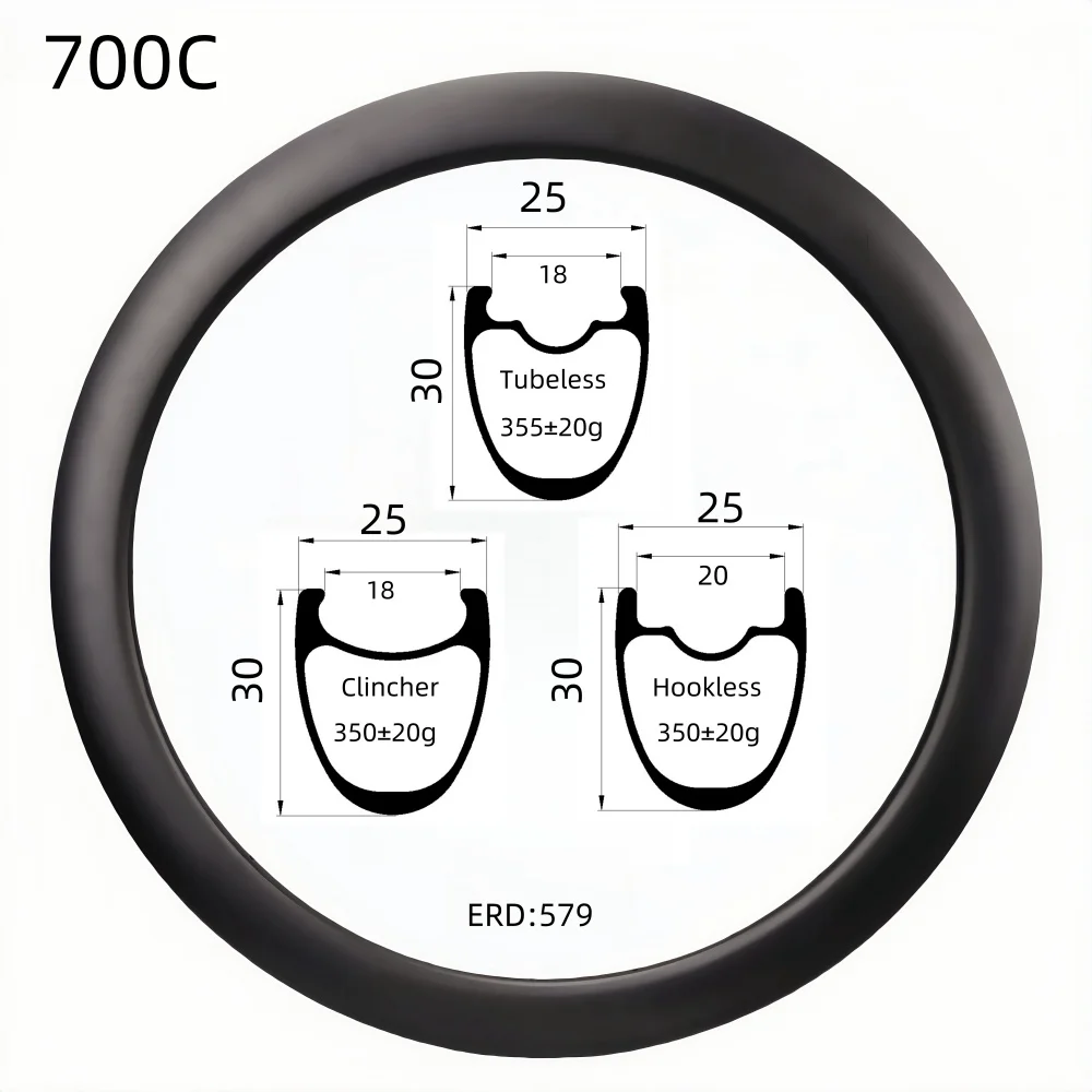 700C 25mm wide 30mm Depth Super Light Carbon Rim  Symmetry UD Matte Tubeless/Clincher/Hookless Carbon Rims