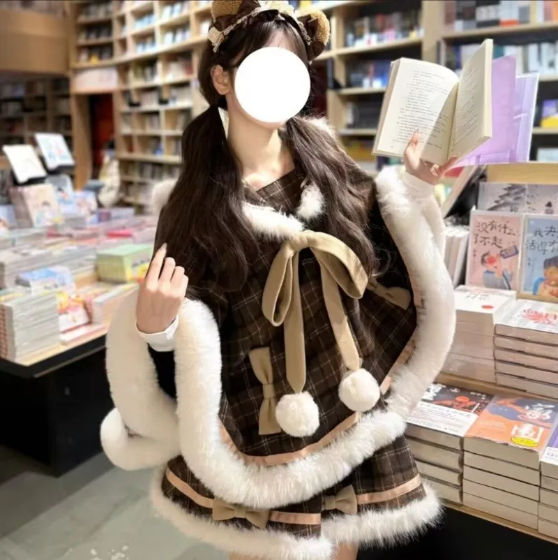 Japanse sfeer roksets meisjes mantel jas + halve rok tweedelige set kerst nieuwe kleding herfst winter nieuwe zoete 2025,