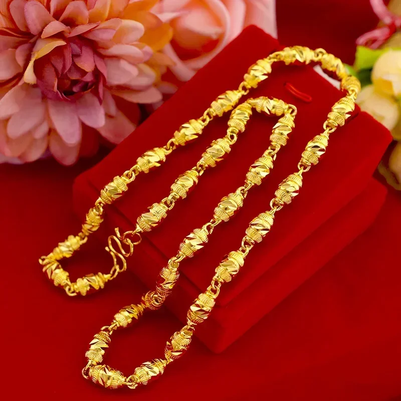 

9999 Real Gold 24K Gold Men's Solid Car Flower Olive Bead Necklace European and American Fashion Men's Necklace