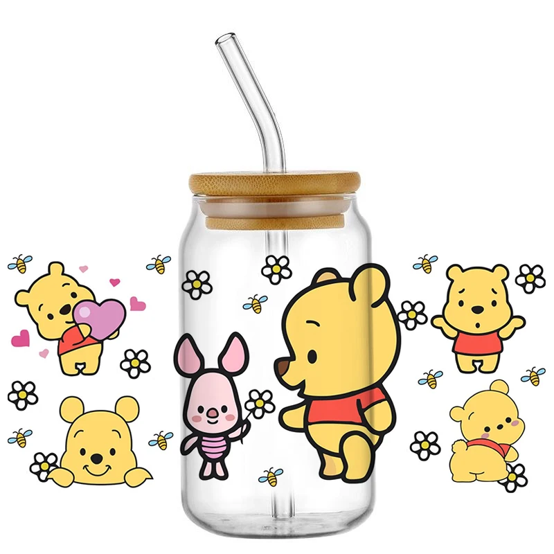 popular Cartoon Winnie bear For 16oz Can Glass 3D Waterproof UV DTF Coffee Can Wrap Libbey Glass cup wrap