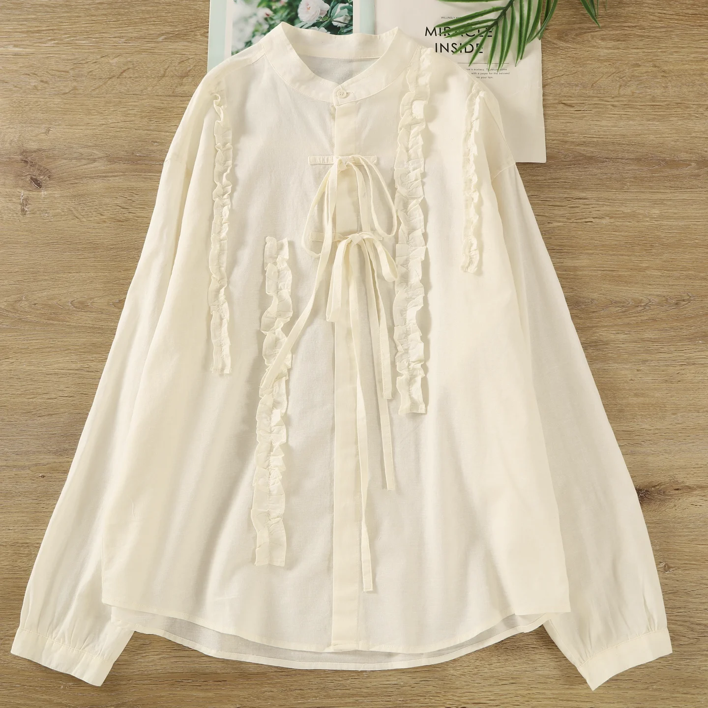 

2026 Mori Girl Style Japan Style Stand Collar White Purple Ruffled Shirts and Blouses for Women Spring Chic Long Sleeve Tops