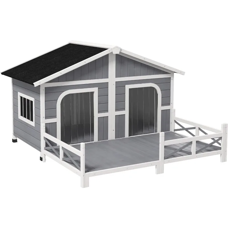 Dog House Outdoor Double Large Wooden Dog Kennel Weatherproof with Porch, Openable Roof, Removable Bottom