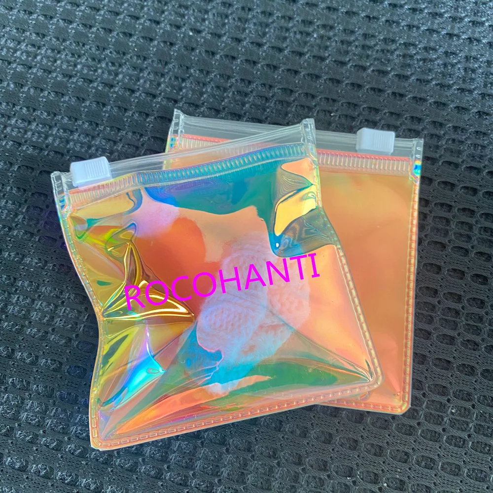 

100pcs Custom Logo Rainbow Hologram Mini 8x8 cm Pvc Plastic Ziplock Bag Small Holographic Thick Zip Pouch For Jewelry Packaging