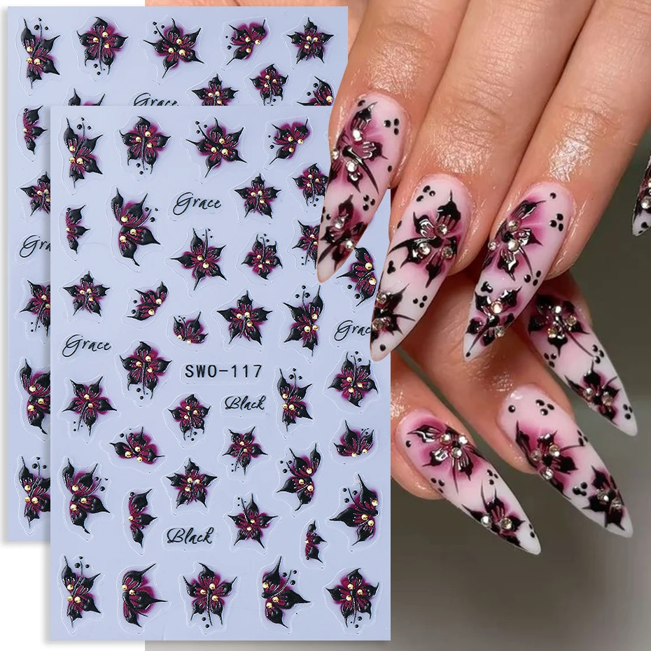 

2pcs Hibiscus Flower Nail Art Sticker 3D Floral Textured Decal Y2K Gradient Petal DIY Romantic Self-Adhesive Manicure Decoration