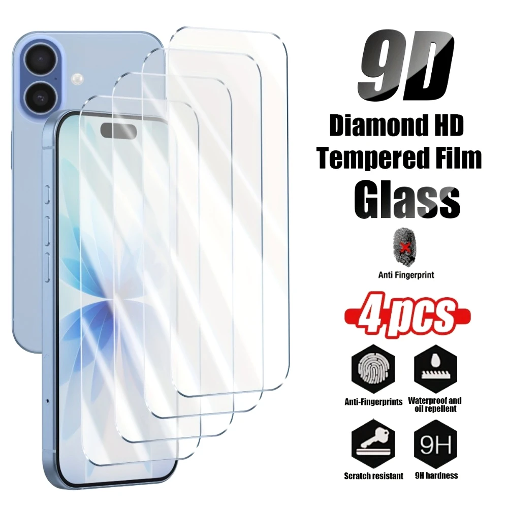 

Комплект из 4 ультрапрочных защитных стекол Full Screen Protector для iPhone 17, 16, 15, 14 Pro Max, Air, 13, 12, 11 Pro, Mini, 16, 15 Plus, твердость 9H