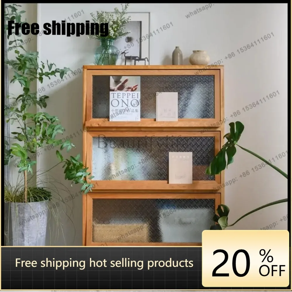 hot Nordic solid wood living room glass magazine cabinet with flip-top door kitchen sideboardFactory Direct