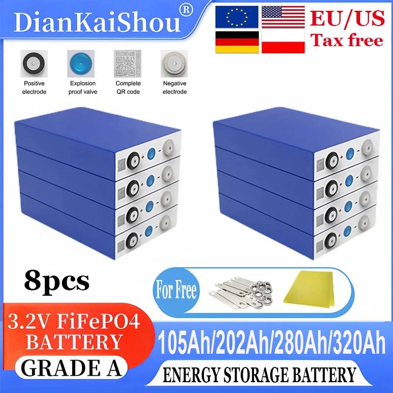 8pcs 3.2V 320AH 280AH 202AH 105AH lifepo4 battery DIY 24V RV suitable for golf carts, ships, solar systems, home energy storage