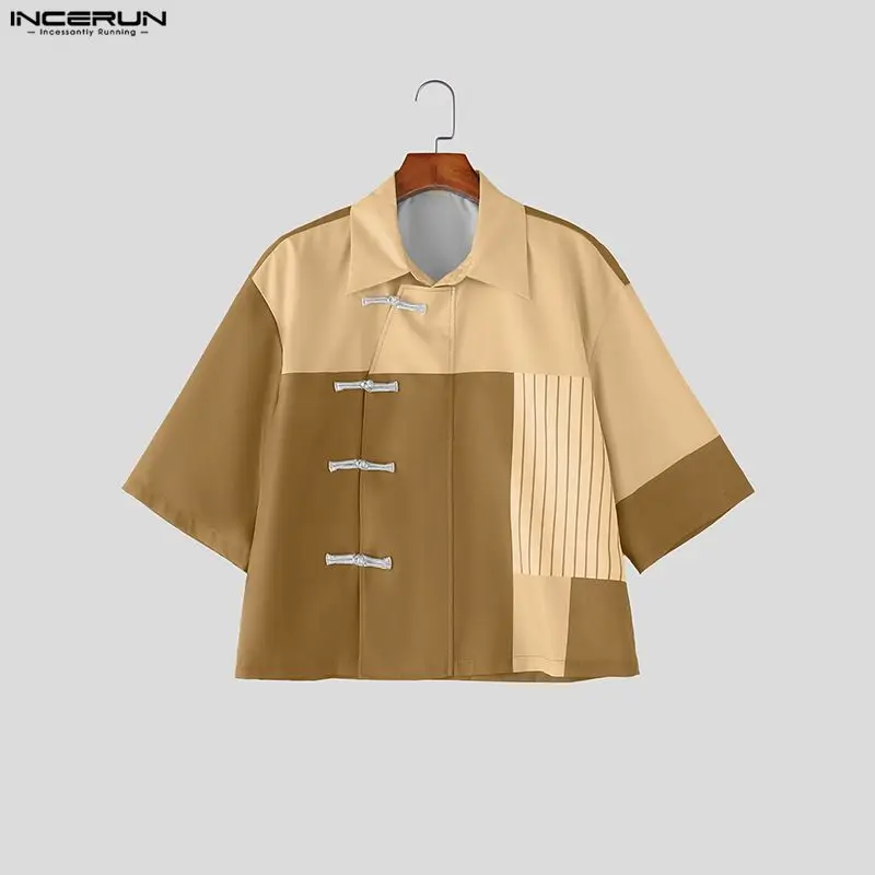 INCERUN Men's Shirt Patchwork Color-block Lapel Half Sleeve Men Clothes Streetwear Summer Loose Korean Style Casual Tops Shirts