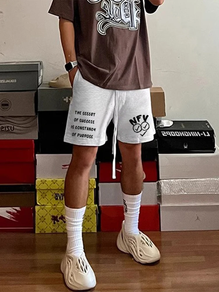 

Trendy Hiphop Letter Print Dstring orts Men's Summer Versatile Straight Leg Loose Casual Five-Quarter Length Pants